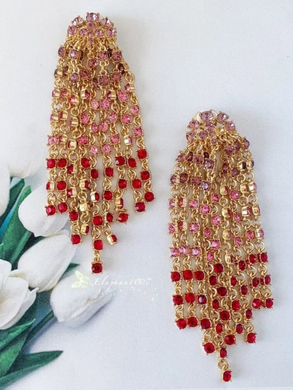 Oscar de la Renta Pink Red Crystal Tassel Statement Earrings